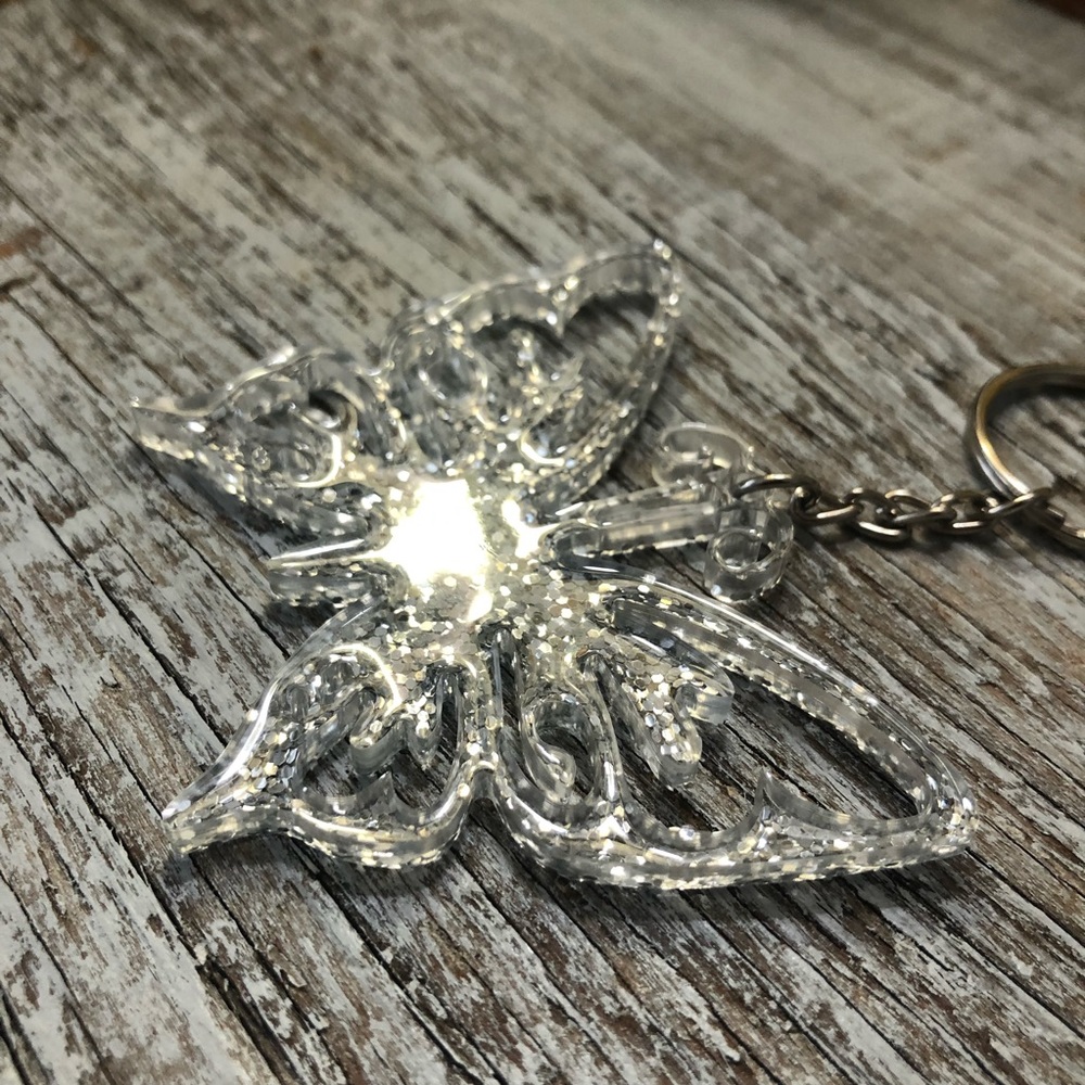 Silver Glitter Butterfly Keychain - Also available as a necklace or ornament - Picture 14 of 15